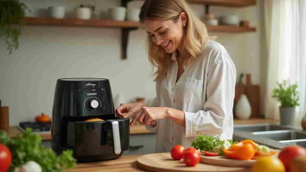 Femeie gătind fericită la Air Fryer